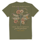 Back view of Simply Southern olive green Christian graphic T-shirt featuring a detailed dragonfly, wildflowers and inspirational broken pieces message.