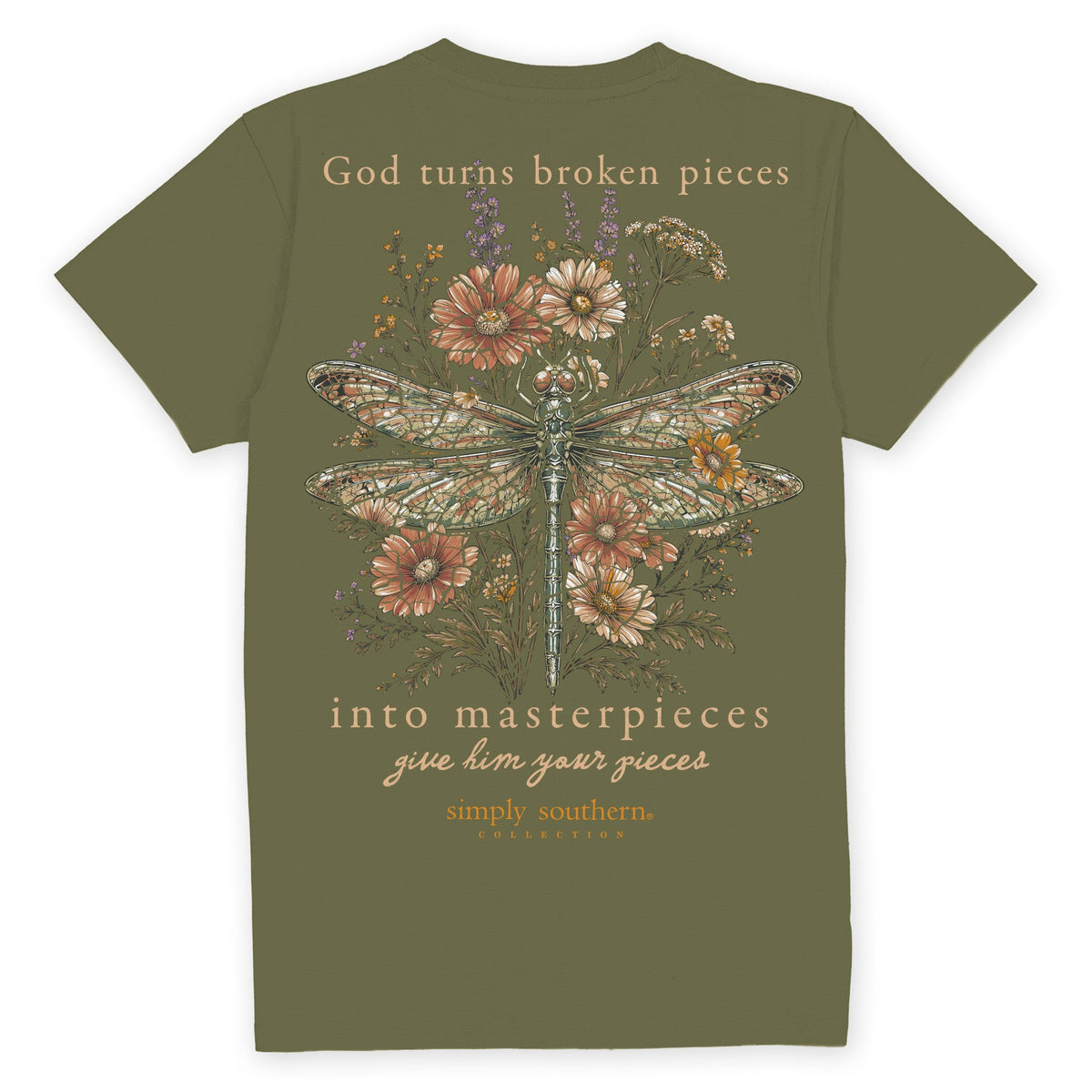Back view of Simply Southern olive green Christian graphic T-shirt featuring a detailed dragonfly, wildflowers and inspirational broken pieces message.