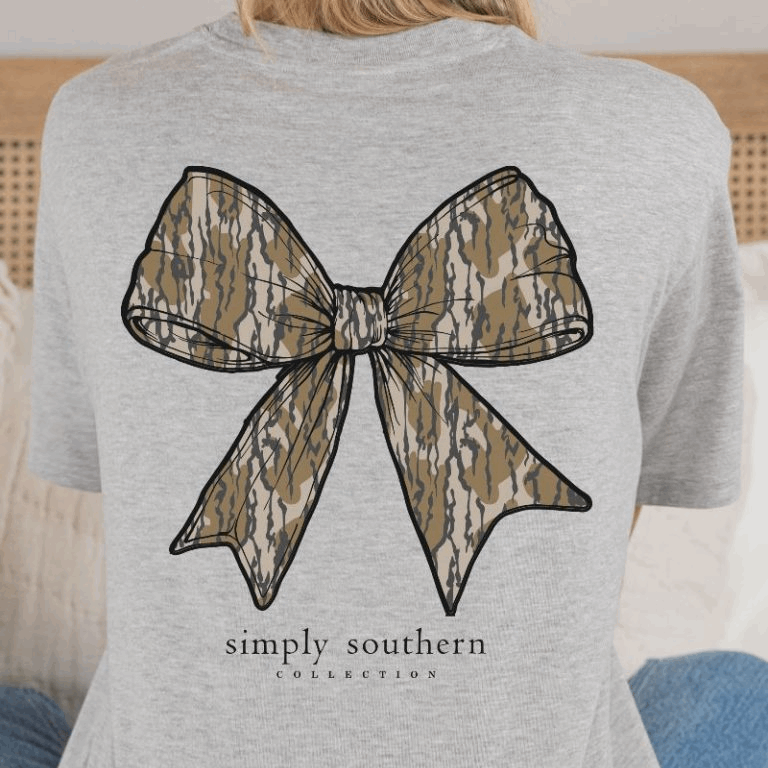 Simply Southern Women’s Camouflage Bow Short Sleeve Graphic T-Shirt Model View Zoomed