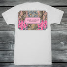 Simply Southern white short sleeve cotton tee with camo patchwork Simply Southern logo back graphic