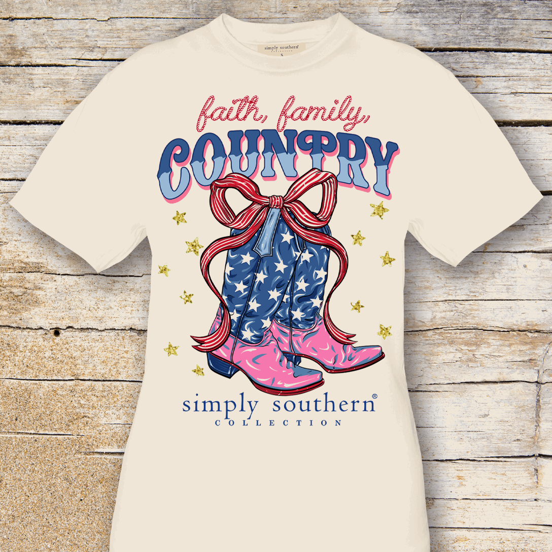 Simply Southern Faith, Family, Country Cowboy Boots Patriotic Women's Short Sleeve T-Shirt