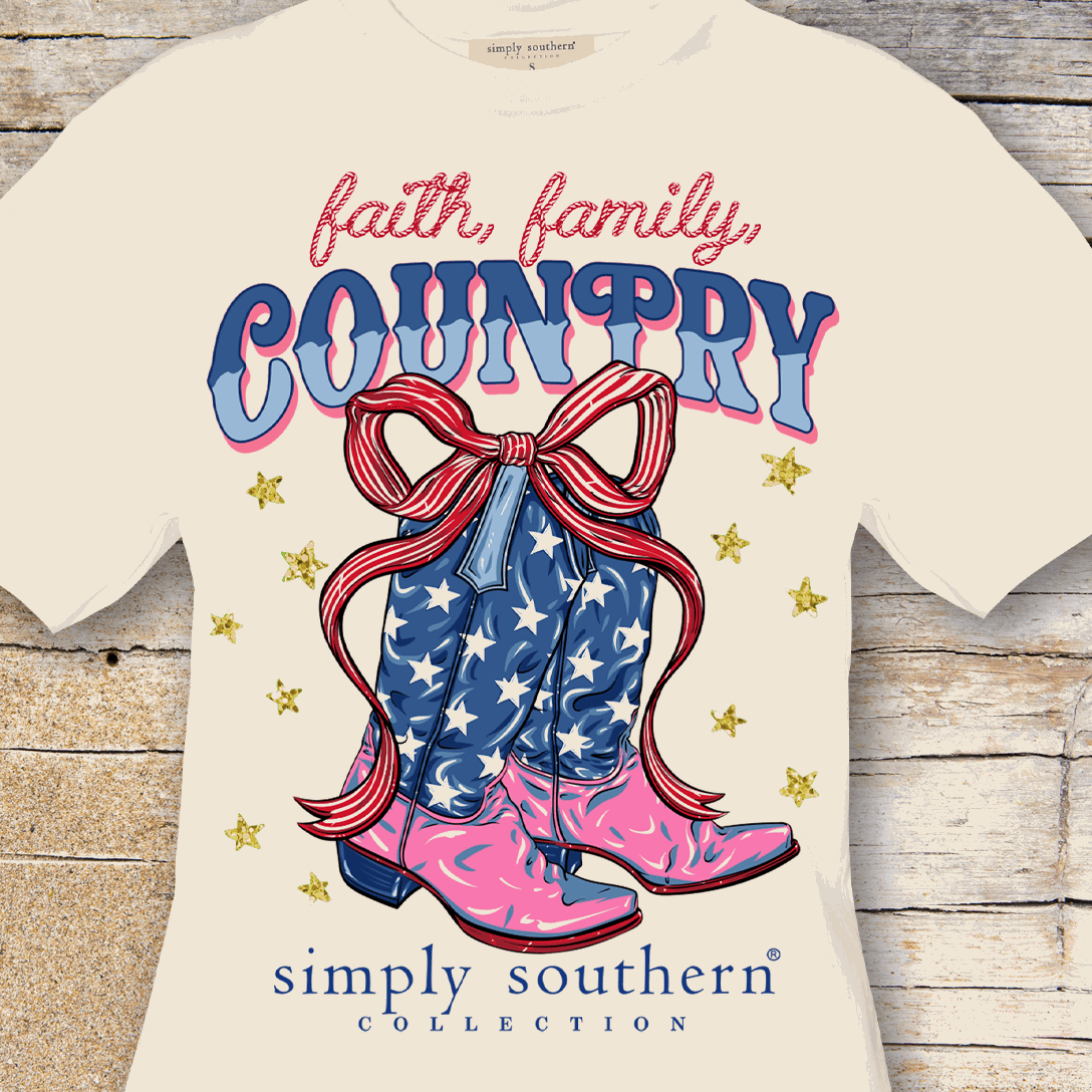 Simply Southern Faith, Family, Country Cowboy Boots Patriotic Women's Short Sleeve T-Shirt