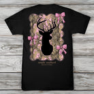Simply Southern black graphic t-shirt featuring pink camo deer with bows on back