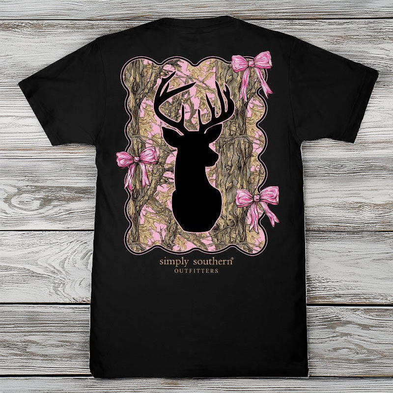 Simply Southern black graphic t-shirt featuring pink camo deer with bows on back