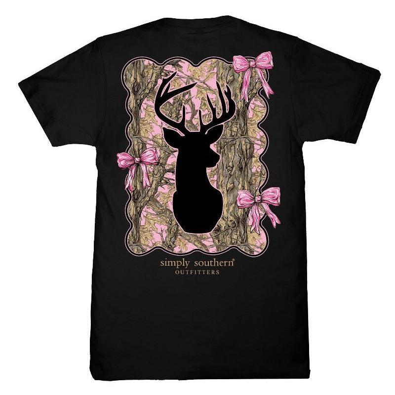 Simply Southern black graphic t-shirt featuring pink camo deer with bows on back