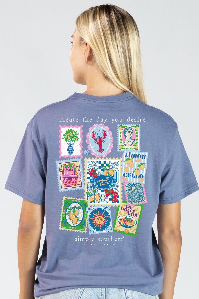 Model wearing Simply Southern denim blue t-shirt with Create the Day You Desire postcard collage back graphic