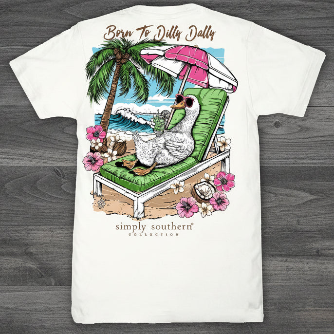 Simply Southern oyster short sleeve t-shirt featuring lounging goose, palm trees, and Born to Dilly Dally