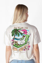 Model wearing Simply Southern oyster t-shirt with Born to Dilly Dally goose beach chair back graphic