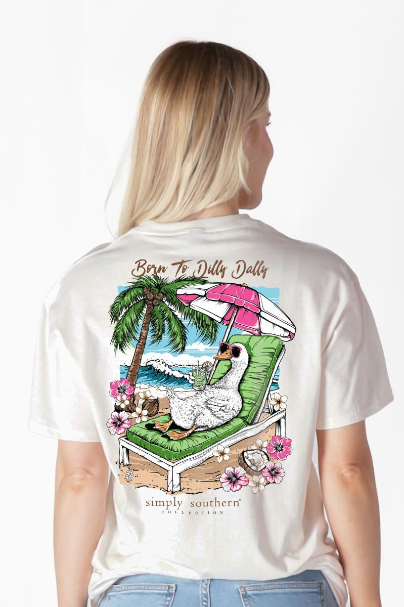 Model wearing Simply Southern oyster t-shirt with Born to Dilly Dally goose beach chair back graphic