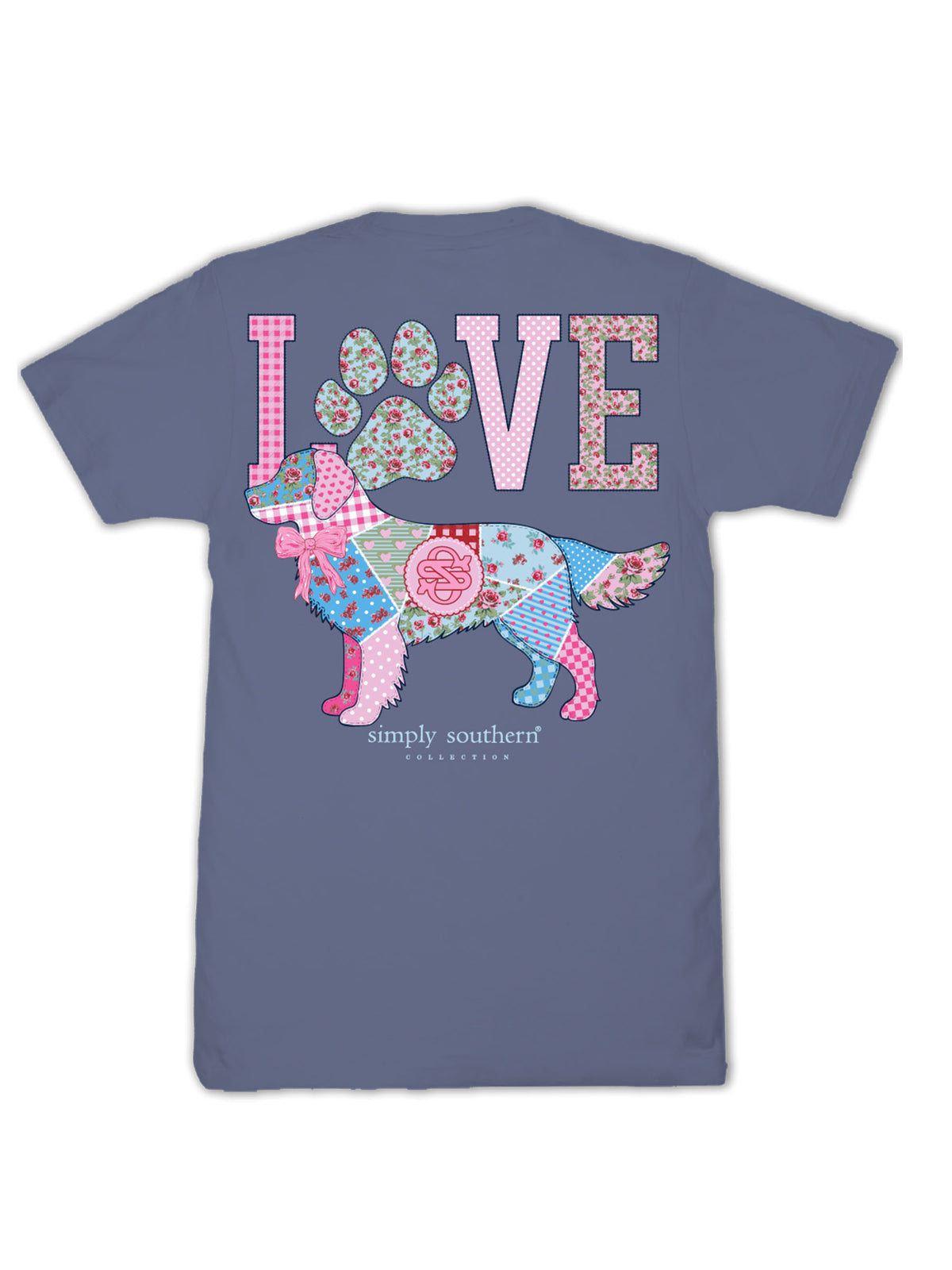 Back view of Simply Southern denim-blue dog lover graphic tee featuring LOVE lettering, a floral paw print, and a pink-and-blue patchwork dog with a bow.