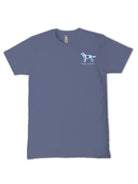 Front view of Simply Southern denim-blue short sleeve T-shirt featuring a small pastel patchwork dog logo and Simply Southern Collection branding on the left chest.