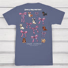 Simply Southern Every Dog Matters denim blue short sleeve cotton tee with dog illustrations and pink bow graphics