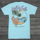 Simply Southern Walk by Faith t-shirt in Aegean blue featuring beach scene, palm trees, waves, and leopard print flip flops
