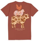 Back view of Simply Southern maple short sleeve graphic tee featuring a brown floral cow, pink flower-patterned sheep, and orange chicken stacked above the Simply Southern Collection logo.
