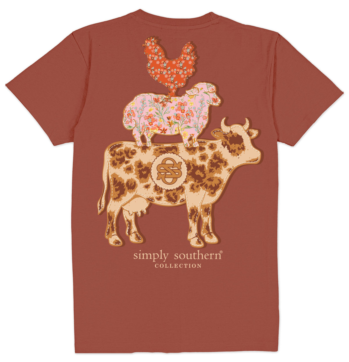 Back view of Simply Southern maple short sleeve graphic tee featuring a brown floral cow, pink flower-patterned sheep, and orange chicken stacked above the Simply Southern Collection logo.