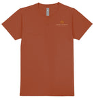 Front view of Simply Southern Farm Animals short sleeve T-shirt in warm maple red with a small Simply Southern Collection logo on the left chest.
