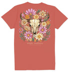 Back view of Simply Southern rust Western graphic T-shirt with a cream longhorn skull, pink and yellow floral artwork, and Simply Southern branding.