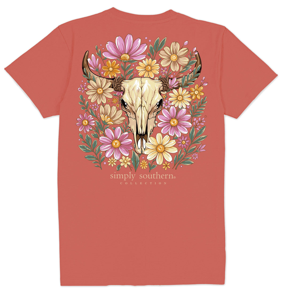 Back view of Simply Southern rust Western graphic T-shirt with a cream longhorn skull, pink and yellow floral artwork, and Simply Southern branding.