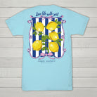 Simply Southern Aegean blue short sleeve t-shirt with lemon graphic and “Live Life with Zest” text on back