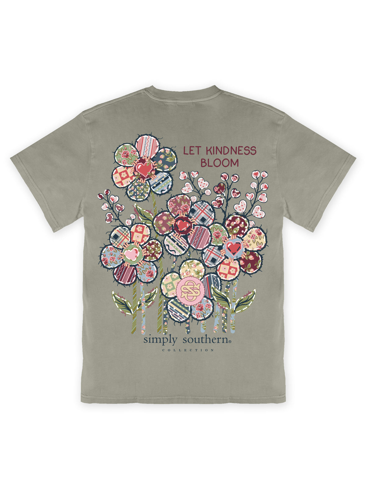Back view of Simply Southern Let Kindness Bloom mineral washed graphic tee in Birch featuring colorful patchwork flowers, floral patterns, and the Let Kindness Bloom message.