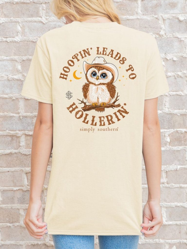 Simply Southern Women’s Hootin Owl Short Sleeve Graphic T-Shirt Model View