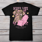 Simply Southern black short sleeve t-shirt featuring pink camo scrubs and “Scrub Life” text on back