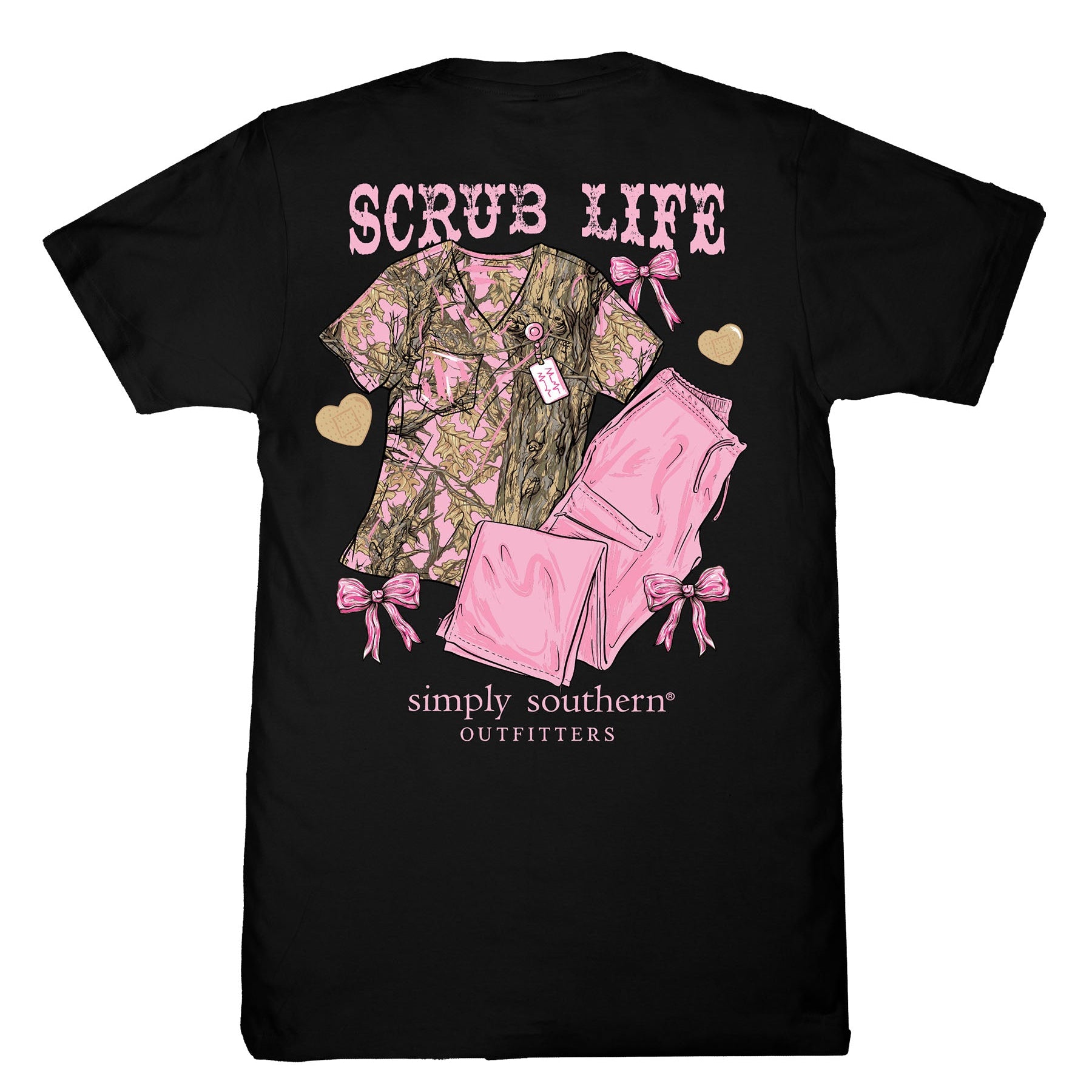Simply Southern black short sleeve t-shirt featuring pink camo scrubs and “Scrub Life” text on back