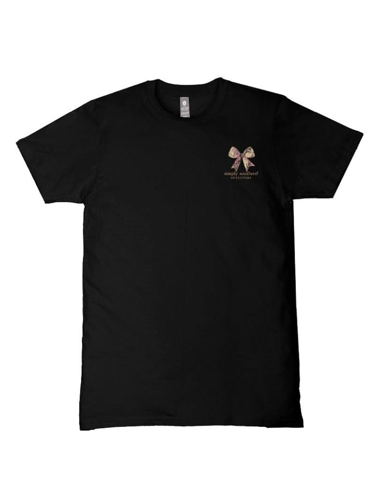 Simply Southern black t-shirt with small pink camo bow logo on front chest