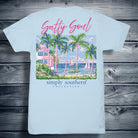 Simply Southern Salty Soul ice blue short sleeve cotton tee with palm trees, coastal house, sailboats, and ocean scene graphic