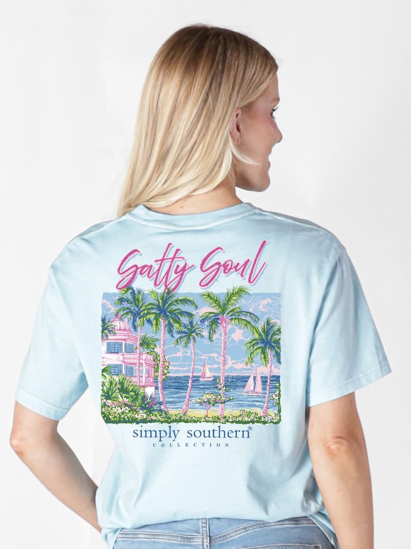 Simply Southern Salty Soul ice blue short sleeve cotton tee with palm trees, coastal house, sailboats, and ocean scene graphic