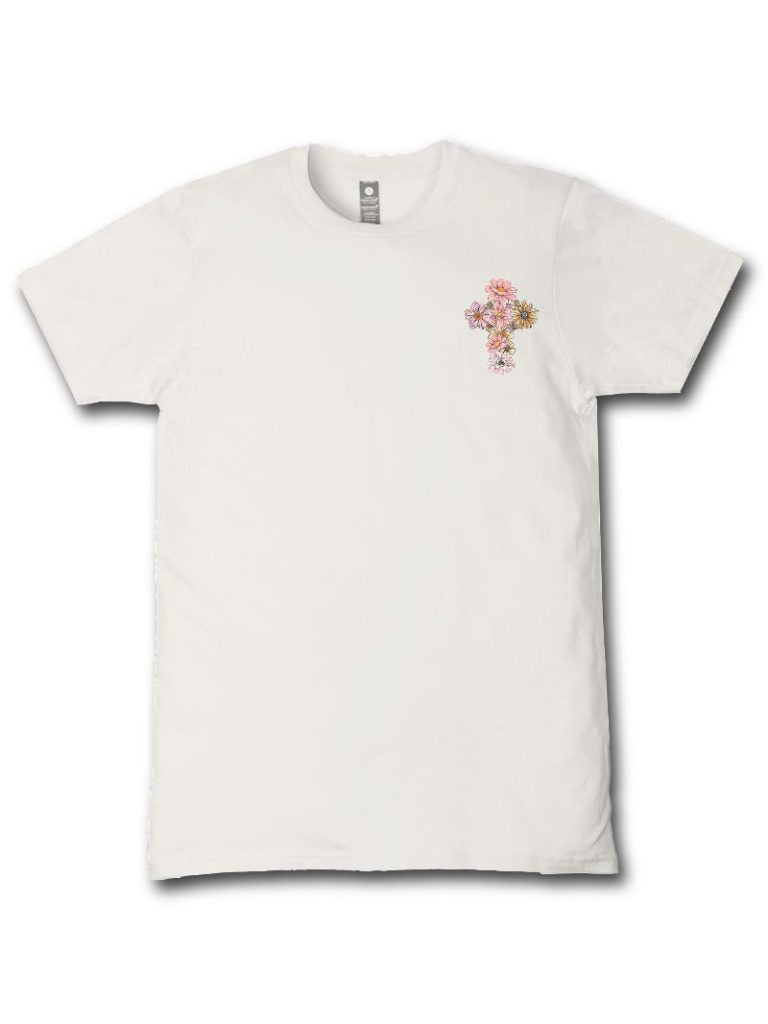 Simply Southern linen short sleeve cotton tee with small floral cross chest graphic