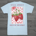 Simply Southern Stay Sweet Fruit of the Spirit t-shirt in ice blue featuring strawberry graphic and Galatians 5:22