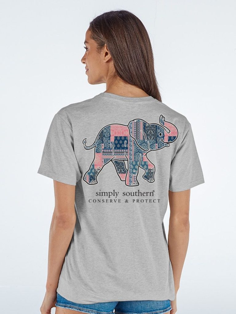 Simply Southern Women’s Patchwork Tracking Elephant Short Sleeve Graphic T-Shirt Model View