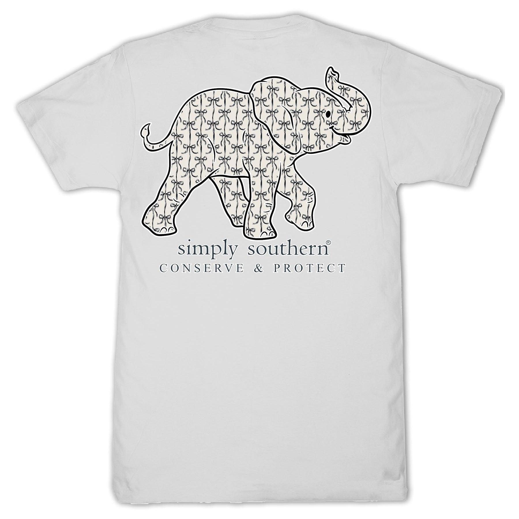 Simply Southern Conserve & Protect elephant graphic with bow pattern on light-colored short sleeve t-shirt