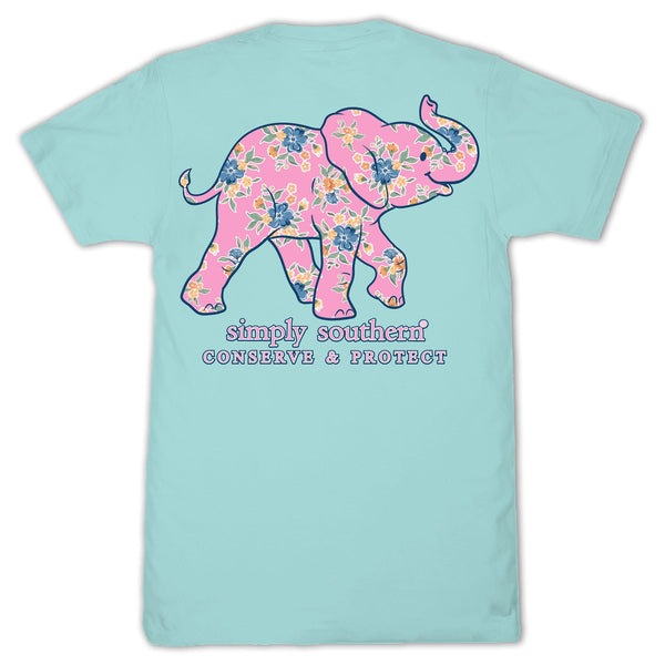 Simply Southern Conserve & Protect Elephant Tracking T-Shirt – Aqua Floral Elephant