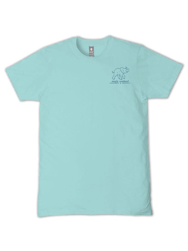 Simply Southern aqua t-shirt with pink floral elephant graphic supporting animal conservation and elephant tracking program