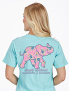 Simply Southern aqua t-shirt with pink floral elephant graphic supporting animal conservation and elephant tracking program