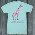 Simply Southern aqua animal conservation T-shirt with floral giraffe graphic and Conserve & Protect text