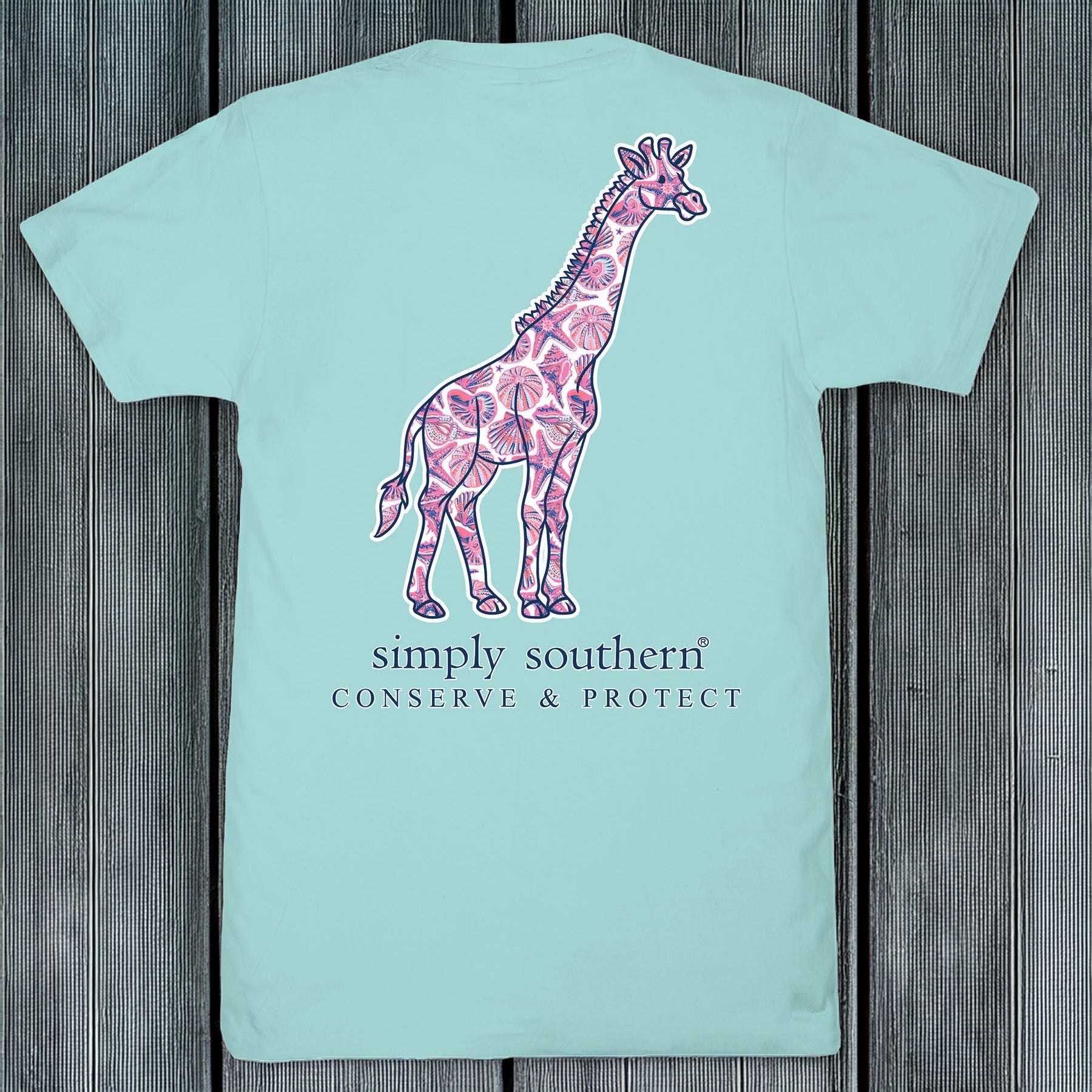Simply Southern aqua animal conservation T-shirt with floral giraffe graphic and Conserve & Protect text