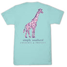 Simply Southern aqua animal conservation T-shirt with floral giraffe graphic and Conserve & Protect text