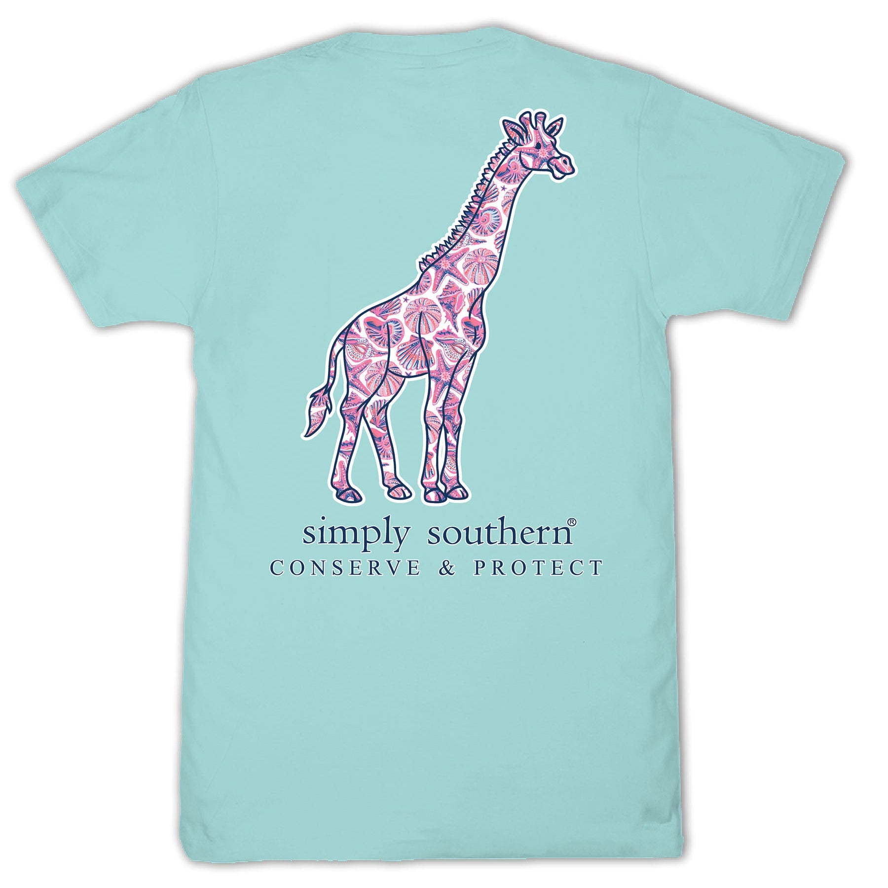 Simply Southern aqua animal conservation T-shirt with floral giraffe graphic and Conserve & Protect text