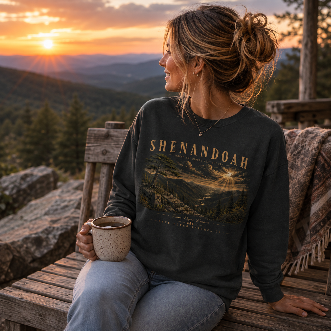 Woman wearing a Back Porch Apparel Shenandoah Comfort Colors Crew Sweatshirt