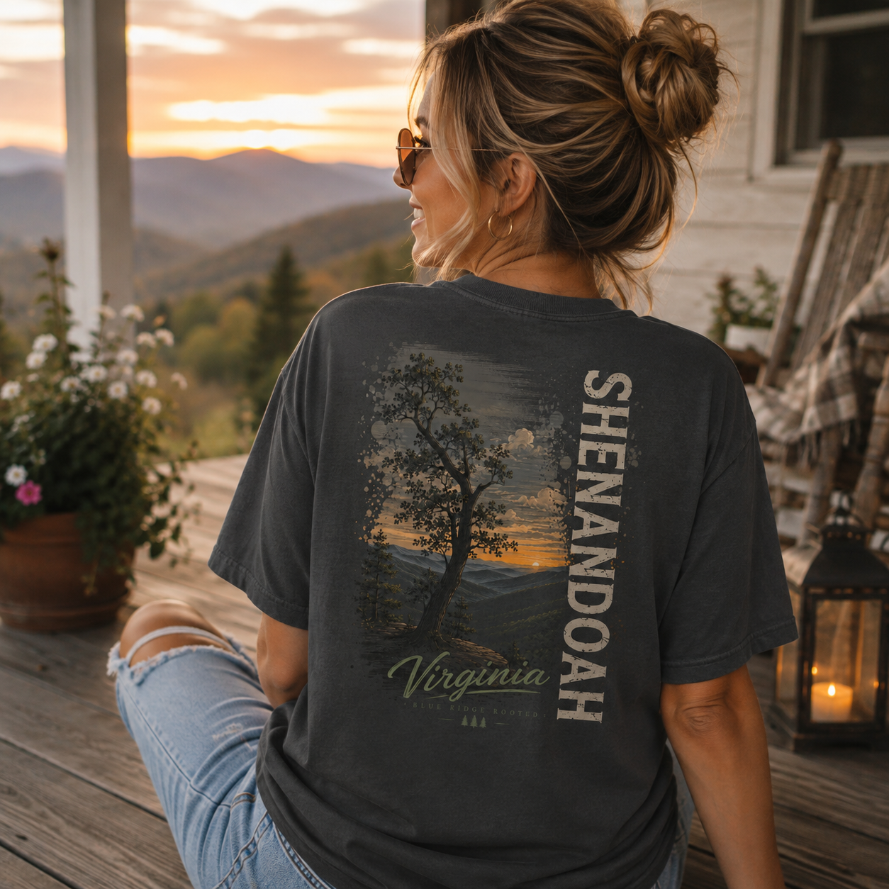 Woman wearing a Shenandoah Comfort colors Back Porch Apparel Shirt