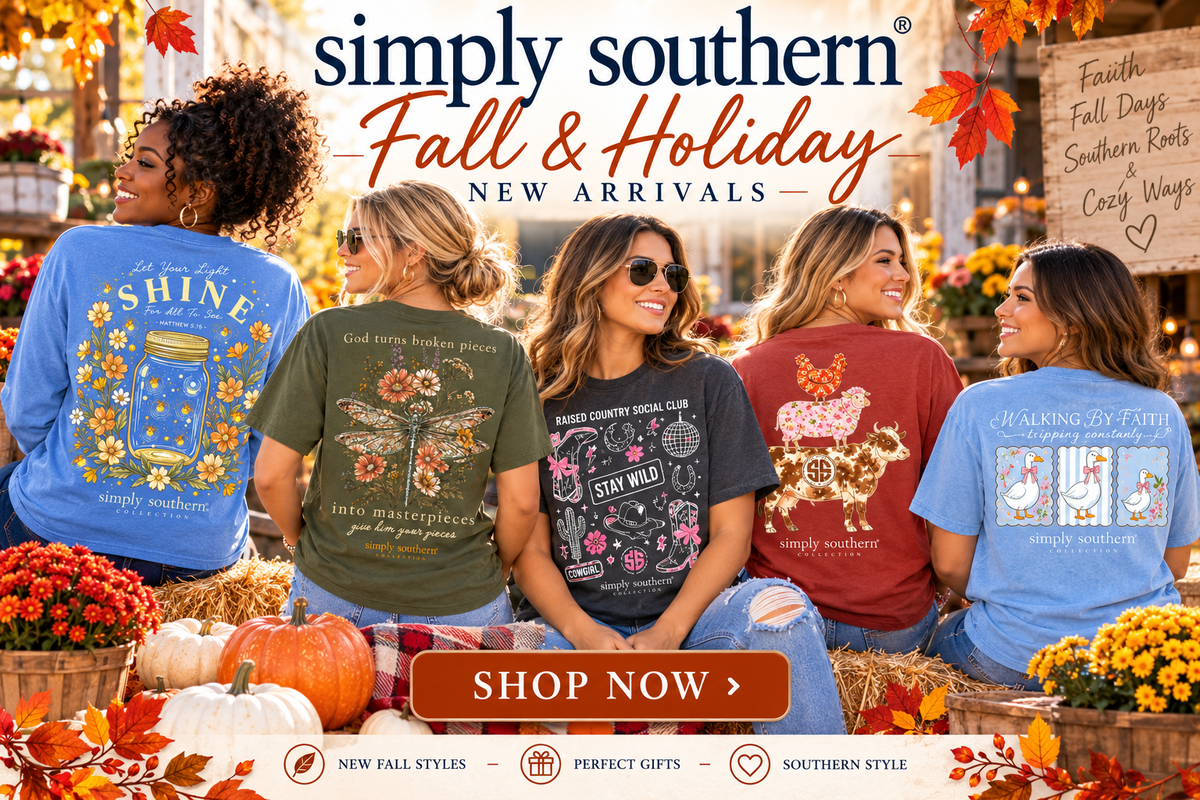 Simply Southern Fall & Holiday New Arrivals featuring diverse women modeling colorful graphic tees with country, floral, and faith-inspired designs, surrounded by autumn pumpkins, flowers, and a Shop Now button.