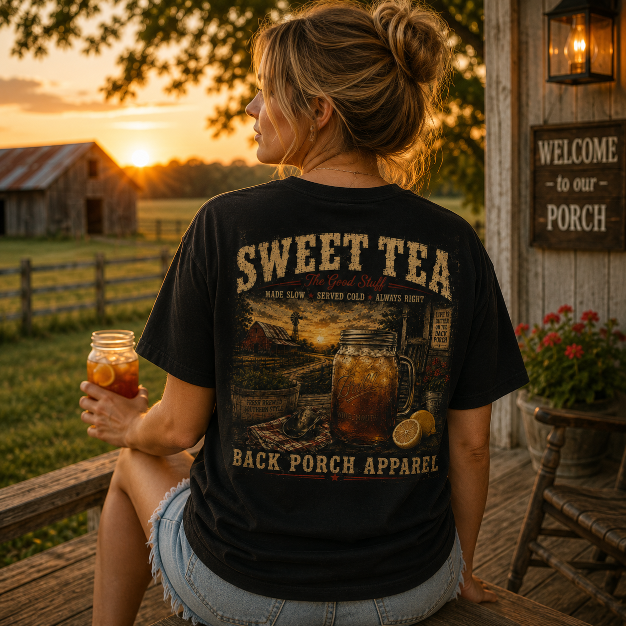 A woman sits on a rustic porch at sunset wearing a black graphic T-shirt with a vintage-style tea advertisement print and denim shorts, holding an iced tea mug.