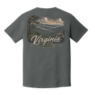 Back of a Pepper Comfort Colors Virginia t-shirt featuring Blue Ridge mountains, sunset, and the words "Virginia – Blue Ridge Rooted."