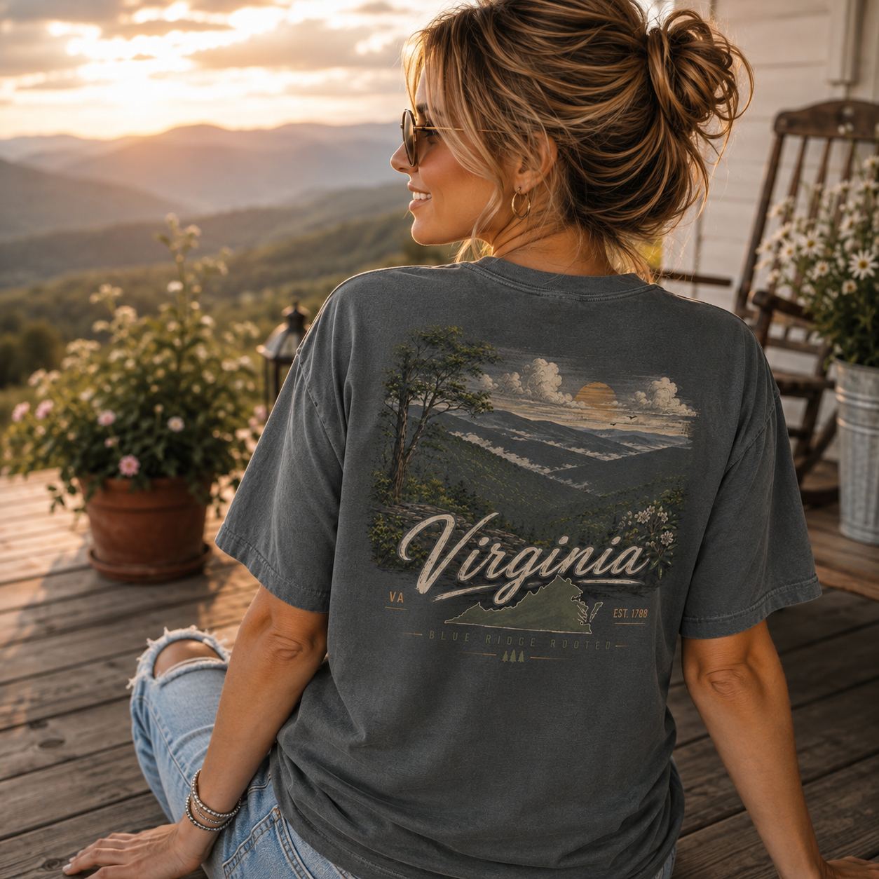 Woman wearing a Comfort Colors Virginia Back Porch Apparel Shirt