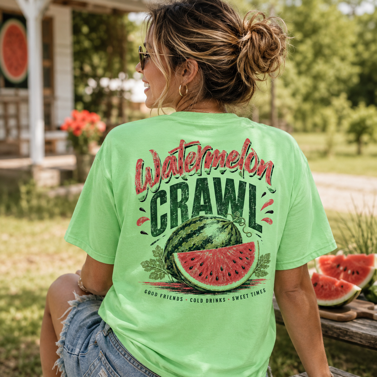 Woman wearing a Watermelon Back Porch Apparel Shirt