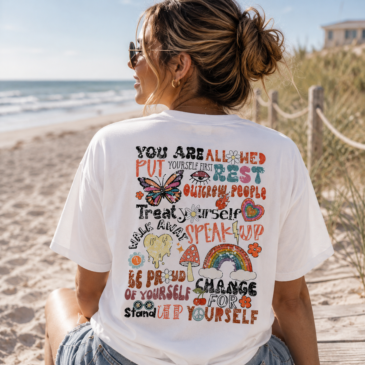 Womane wearing a White Your Are Back Porch Apparel Shirt