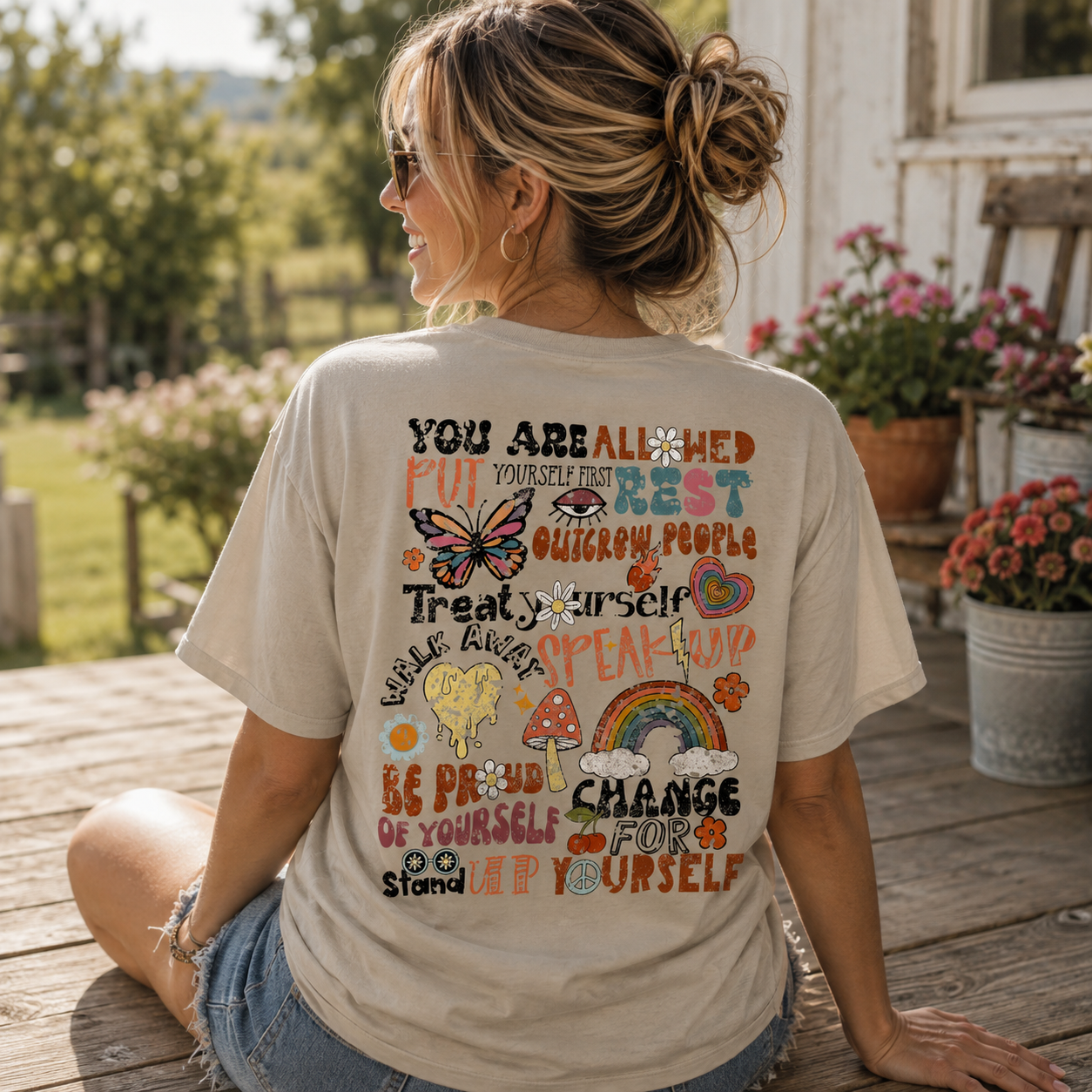 Woman Wearing a Tan You Are Back Porch Apparel Shirt